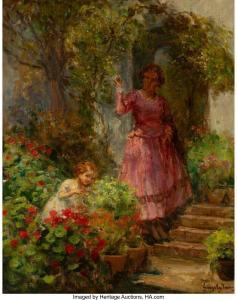 GERGELY Imre 1868-1914,Smelling flowers in the garden,Heritage US 2024-01-11