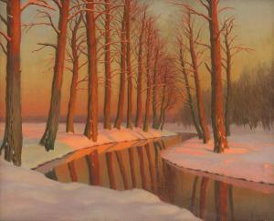 GERMASEV Michail Markianovic 1867-1930,Snow along a riverbank at sunset,Sworders GB 2022-09-27