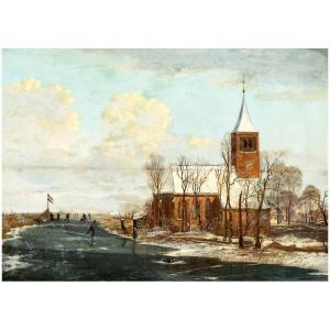 GERRIT TEN CATE Hendrik 1803-1856,Ice skaters at a village church,Kaupp DE 2022-11-26