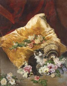 GESSA Y ARIAS Sebastián 1840-1920,Bodegón de flores con gatito,Subastas Segre ES 2021-12-14