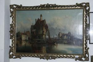 gessi,A busy Dutch townscape with figures, boats and a windmill,Bonhams GB 2009-01-30