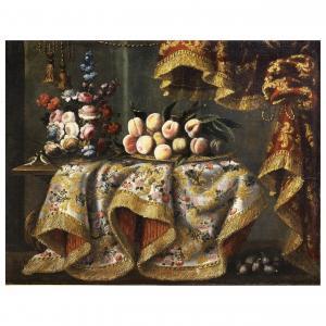 GIANLISI Antonio 1677-1727,NATURA MORTA CON PIATTO DI PESCHE, FIORI E COPERTE,Pandolfini 2023-10-10