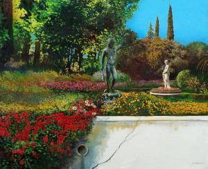 GIANNINI Giuseppe 1937,Giardino di villa con statue,1984,Saletta d'arte Viviani IT 2023-04-08