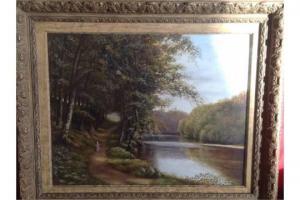 GIBSON Tom 1930,river landscape with figure on wooded path,Jim Railton GB 2015-03-07