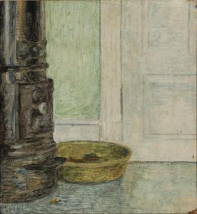 GIERSING Harald,Interior with tiled stove and a dog's basket,1927,Bruun Rasmussen 2024-01-16