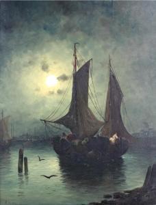 GIFFINGER Rudolf 1800-1900,Moonlight Harbour Scene, with Figu,19th Century,Fonsie Mealy Auctioneers 2019-11-26