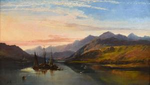 GILBERT Arthur,Mountainous landscape with fishing boats on a lake,1883,Woolley & Wallis 2024-03-06