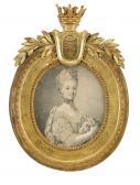 GILLBERG Jacob 1724-1793,Porträtt av drottning Sofia Magdalena  iklä,1746,Stockholms Auktionsverket 2006-06-02