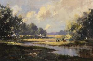 GILLESPIE George Kennedy 1924-1996,Wooded River Landscape with Figures and Cattle,Adams 2024-03-27