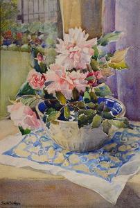 GILLESPIE Janetta Susan 1876-1956,Still life, a blue and white bowl of pink roses,Mallams 2016-10-19