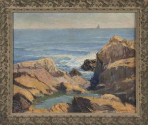 GILLETTE Lester A.,"The Pool", a rocky shoreline with a ship on the h,1931,Eldred's 2022-01-27