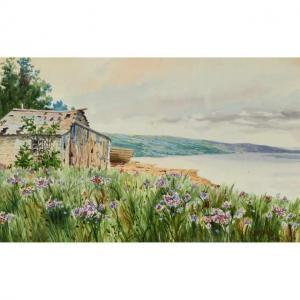 GILLETTE William B,RIVERSIDE FISHING HUT WITH WETLAND FLOWERS IN BLOO,1905,Waddington's 2020-02-22