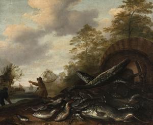 GILLIG Jacob 1636-1701,Paysage avec pêcheurs et poissons,Piguet CH 2023-03-15