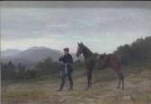 GILLISSEN Karl,Soldat mit seinem Pferd steht am Wegesrand und lie,1884,Georg Rehm 2019-10-10