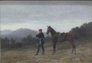 GILLISSEN Karl,Soldat mit seinem Pferd steht am Wegesrand und lie,1884,Georg Rehm 2019-10-10