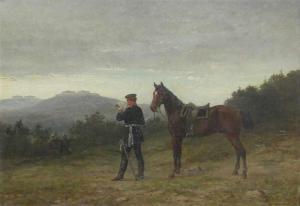 GILLISSEN Karl,Soldat mit seinem Pferd steht am Wegesrand und lie,1884,Georg Rehm 2020-05-14