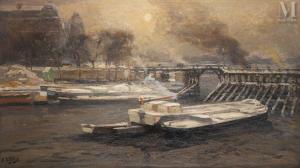 GILLOT Eugène Louis,Peniches sur la Seine à Paris sous la neige,Millon & Associés 2022-06-22