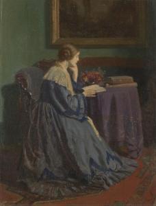 GINNETT Louis 1875-1946,A lady, in profile, seated at a table, reading,1925,Rosebery's GB 2021-11-17