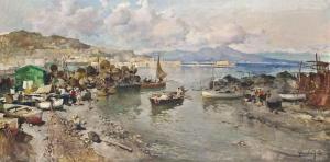 GIORDANO Felice 1880-1964,Fisherfolk in the bay of Naples, Vesuvius beyond,Christie's GB 2014-05-02