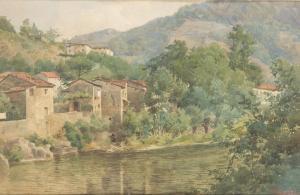 GIORNI Carlo 1800-1900,LANDSCAPE WITH RIVER VILLAGE,Babuino IT 2014-09-23