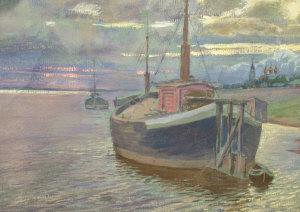 GIPPER PUPER Victor Kuznetsov 1960,Moored vessel in a coastal landscape at sunset;g,Rosebery's 2008-09-09
