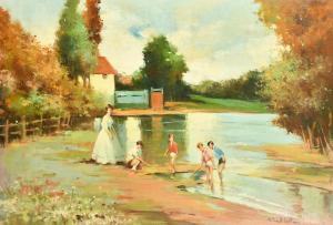 GIRALT LERIN Joan 1907,A mother and children playing by the edge of a riv,John Nicholson 2022-10-05