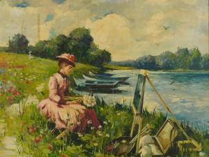 GIRARD Karine 1965,River landscape with female artist painting,Eastbourne GB 2023-01-11