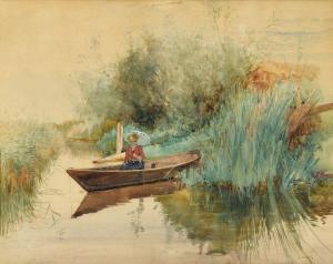 GIRARDET Jules 1856-1938,YOUNG LADY WITH PARASOL FISHING IN A PUNT,Freeman US 2009-06-21