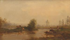 GIRARDET Karl 1813-1871,Summer Landscape with Figures Along River,Aspire Auction US 2016-04-07