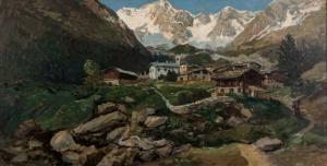 GIRON Charles 1850-1914,VILLAGE BELOW THE SNOW-CAPPED ALPS,Stephan Welz ZA 2019-07-01