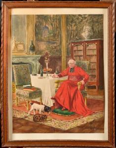 GIROT François Joseph 1873-1916,Cardinal avec son chien et chat,Osenat FR 2023-03-18