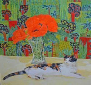girvan Geraldine 1947,Tortoise Shell, Cat, and Poppies,2008,Mealy's IE 2016-12-06