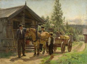 GLØERSEN Jacob 1852-1912,To menn og en gutt ved hest og kjerre,1907,Grev Wedels NO 2011-05-30