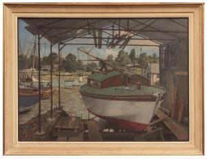 GLANVILLE ROY 1911-1965,Awaiting High Water, a Yacht in a Boatshed,Keys GB 2018-02-09