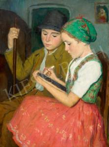 GLATZ Oszkar 1872-1958,Young Girl and Boy with a Slate,Kieselbach HU 2023-12-17