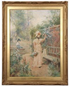GLENDENING Jnr. Alfred,a lady in a garden picking flowers by a park bench,1902,Keys 2024-03-26