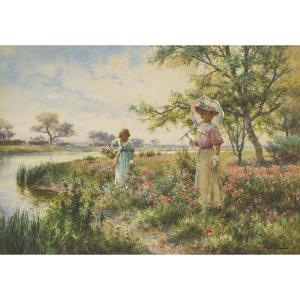 GLENDENING Jnr. Alfred 1861-1903,PICKING FLOWERS ON A RIVERBANK,1903,Waddington's CA 2023-12-14