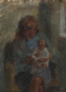 GLYSING JENSEN Victor 1946,Interior with a woman and a child,Bruun Rasmussen DK 2023-08-01