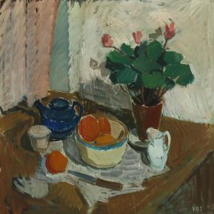 GLYSING JENSEN Victor,Still life on a table with tea, fruit and a pottet,Bruun Rasmussen 2015-08-10