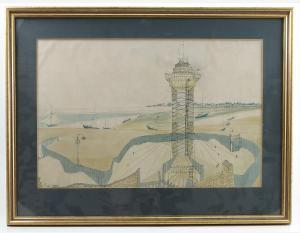 GODDARD Preston 1928,Seaside view with tower, beach and boats,Serrell Philip GB 2017-07-06