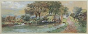 GODDARD Walter W 1906,landscape with canal barge entering a lock,1904,Ewbank Auctions GB 2019-11-28