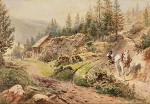 GOEBEL Karl 1824-1899,Motif from the mountains: wooden house and horse c,Palais Dorotheum 2024-03-28