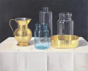 GOMBAR Andras 1946,PITCHER WITH WATER VESSELS STILL LIFE,1965,Ro Gallery US 2024-01-01