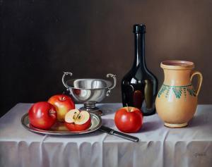 GOMBAR Andras 1946,Still life with apples, wine bottle, earthenware jug,Morphets GB 2023-09-07