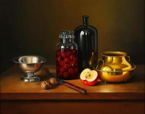 GOMBAR Andras 1946,Still Life with Bottles, Walnuts, Knife, Apple and,Tooveys Auction GB 2023-05-17