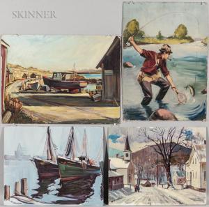 GOODRIDGE Paul 1912-1991,Four Unframed Oil Paintings: Fly Fisherman, Snowy ,Skinner US 2018-11-29
