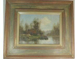 GOOSENS F.J,Barges moored beside a cottage in a wood,Tamlyn & Son GB 2015-05-12