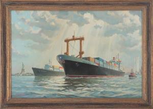 GORDON MULLER William 1937,Cargo Ship in New York Harbor,1970,Kamelot Auctions US 2022-01-18