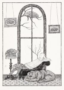 GOREY Edward,Untitled / Man lounging with hounds on a dreary da,1981,Swann Galleries 2022-12-15