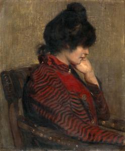 GORMS Wilhelm,Sinnierende Dame im schwarz-rot gestreiften Kleid,1898,Galerie Bassenge 2022-06-02